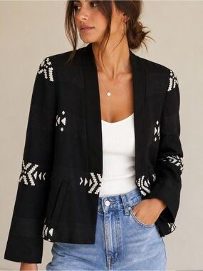 Zara Black Southwestern Jacquard Open Front Blazer Jacket Size M